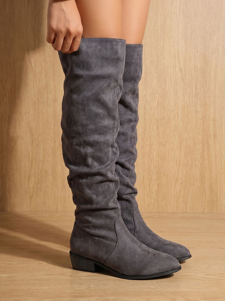 Black Pointed-Toe Slouchy Knee High Boots for Women