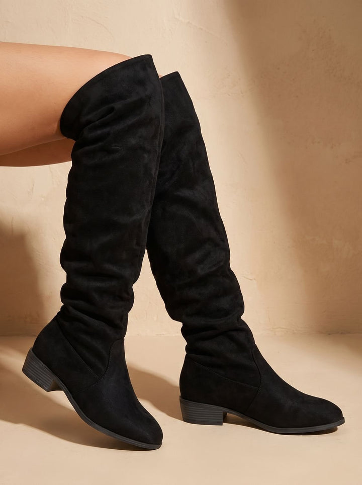 Black Pointed-Toe Slouchy Knee High Boots for Women (10)