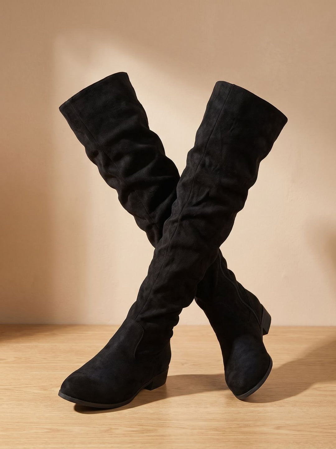 Black Pointed-Toe Slouchy Knee High Boots for Women in Black