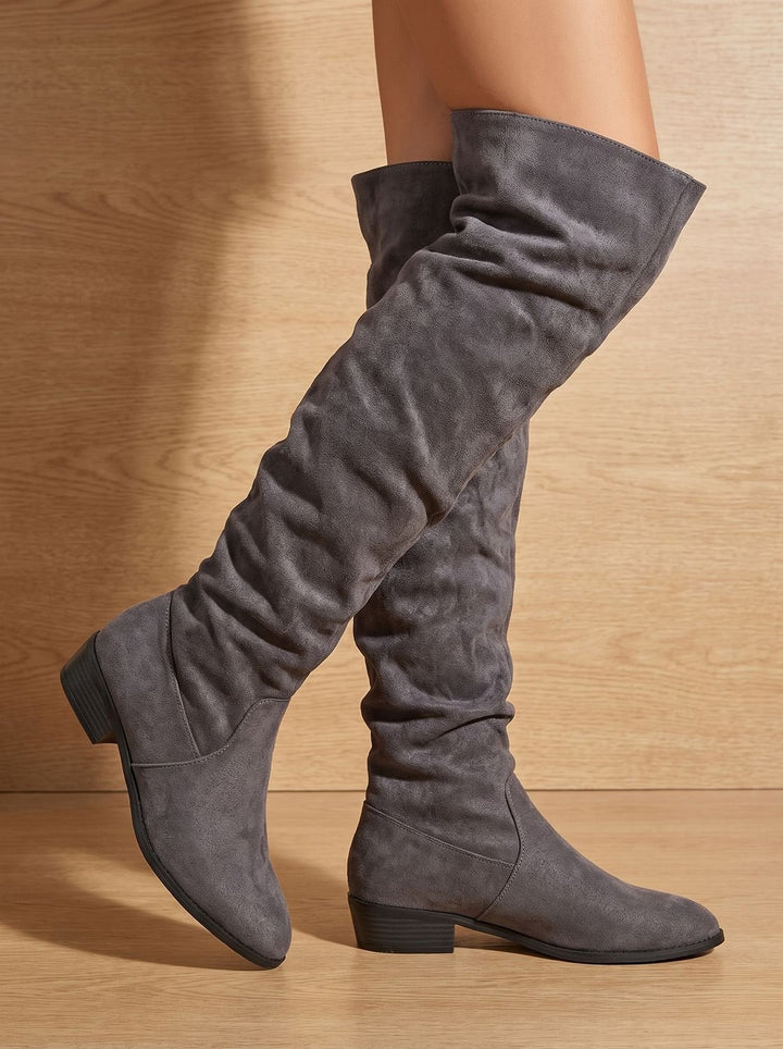 Black Pointed-Toe Slouchy Knee High Boots for Women in Grey