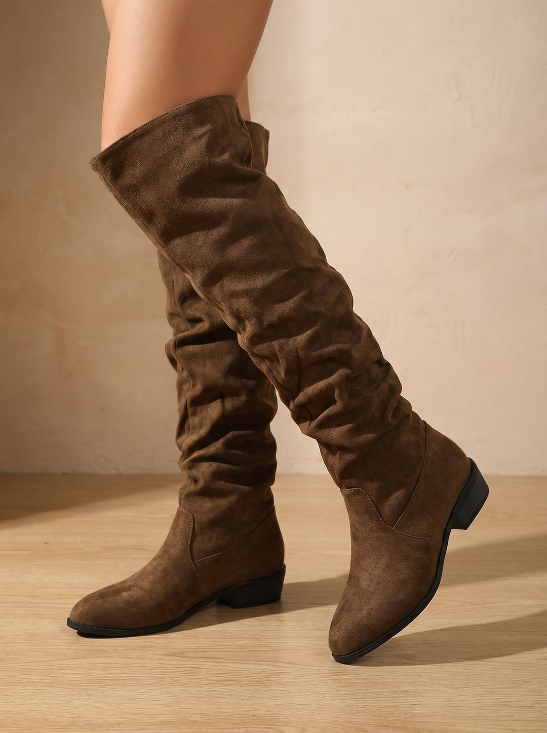 Black Pointed-Toe Slouchy Knee High Boots for Women in Khaki