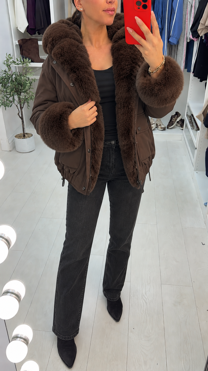 Fitted Women's Winter Trench Coat with Faux Fur in Chocolate