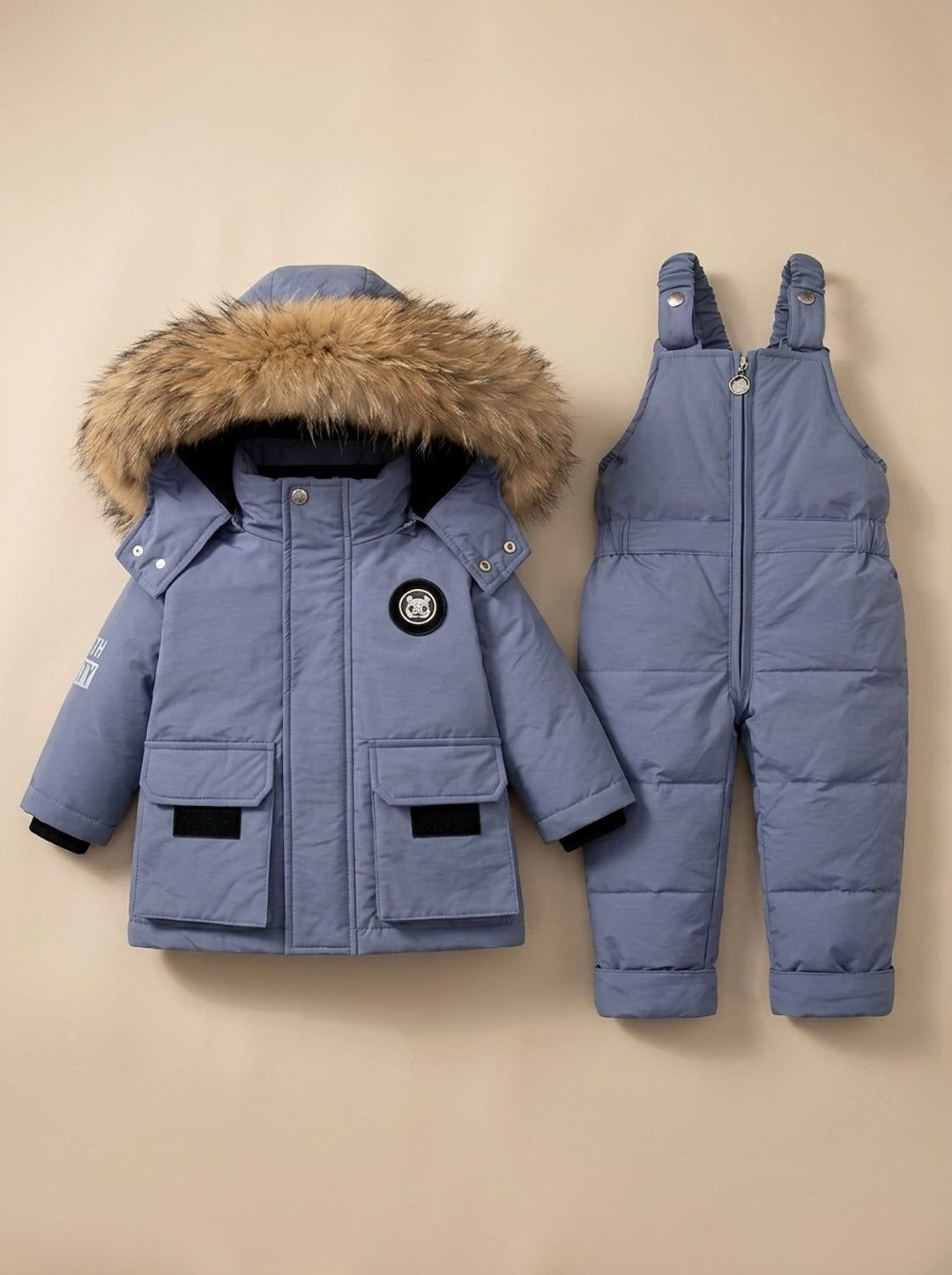 Kids Winter Padded Snowsuit with Faux-Fur Hood in Blue