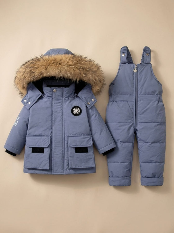 Kids Winter Padded Snowsuit with Faux-Fur Hood in Blue