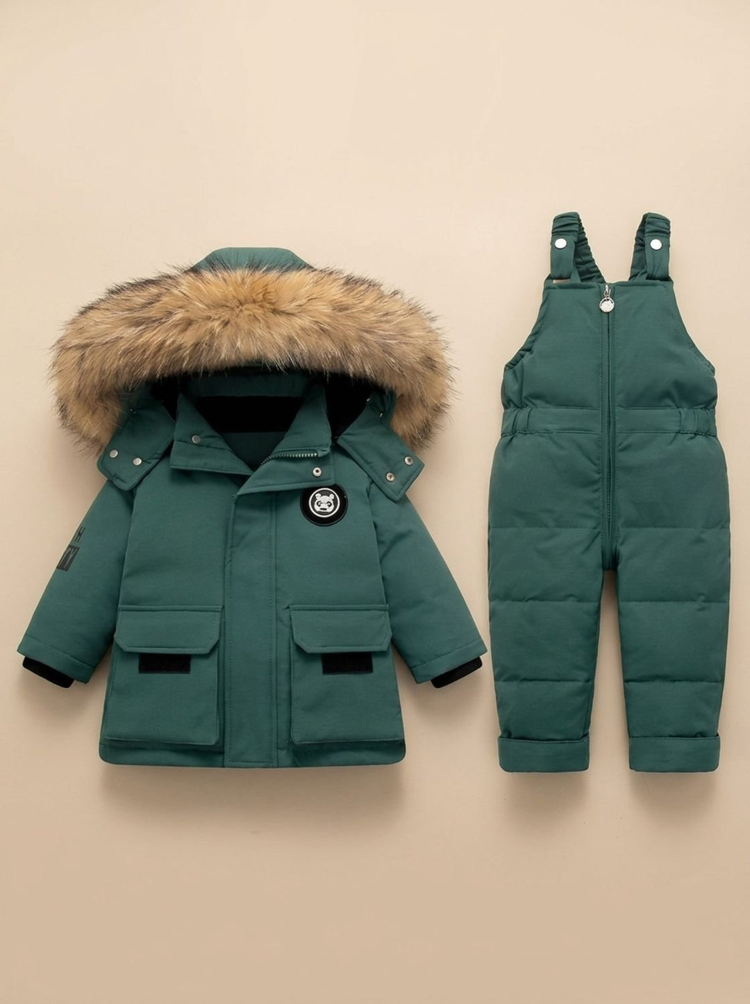 Kids Winter Padded Snowsuit with Faux-Fur Hood in Green