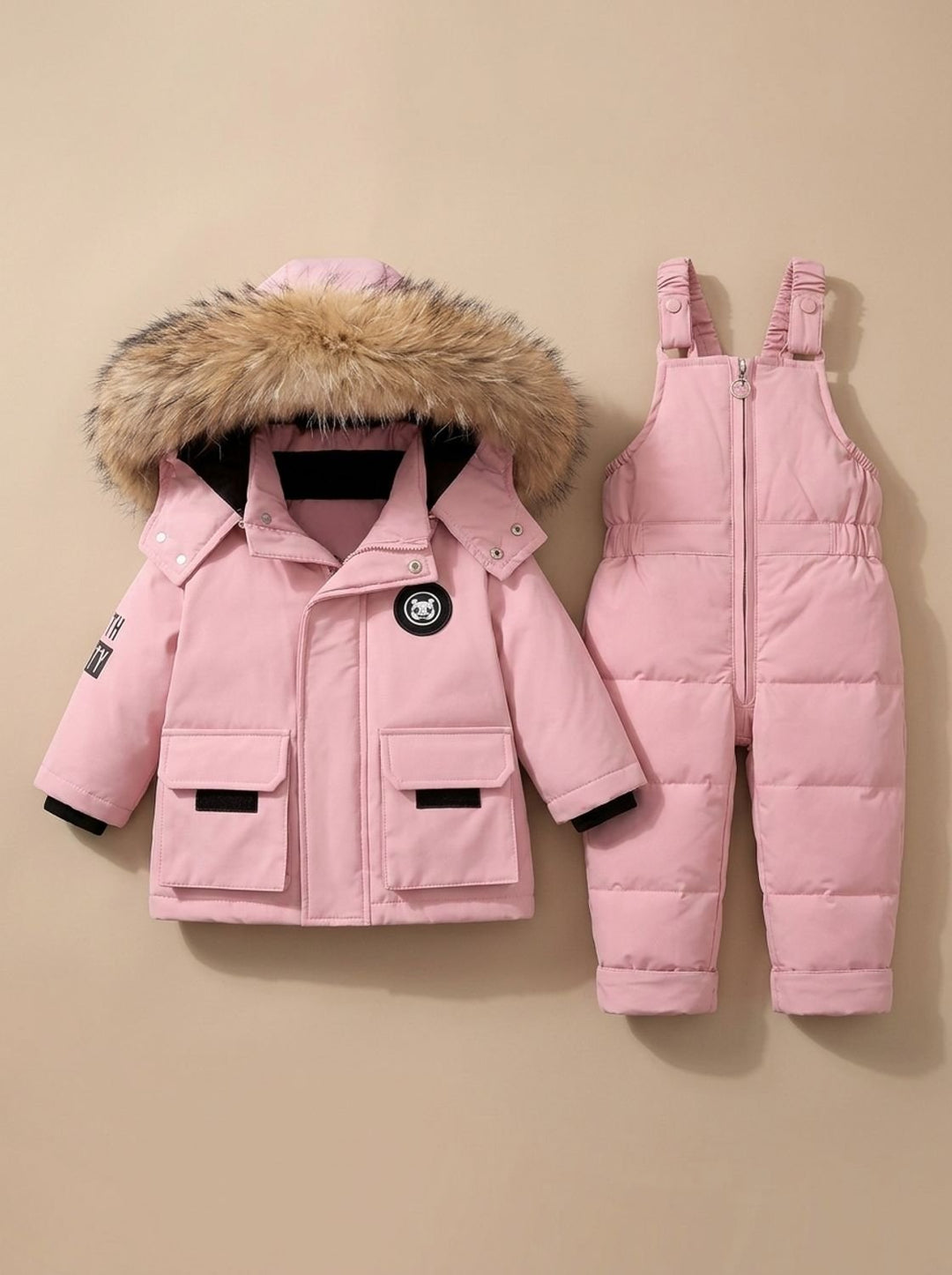 Kids Winter Padded Snowsuit with Faux-Fur Hood in Pink