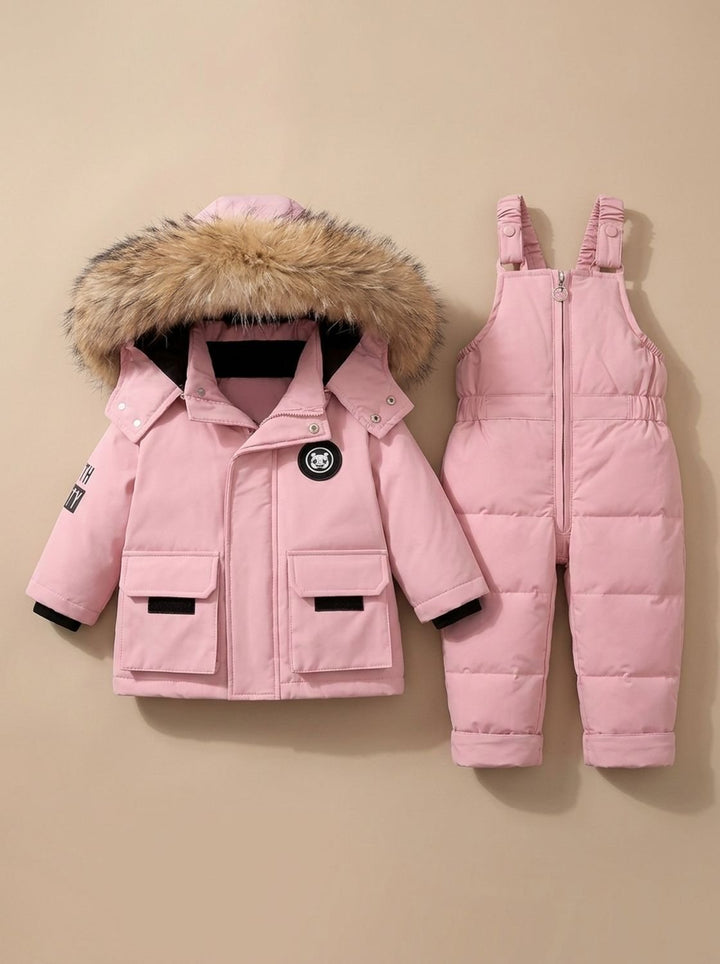 Kids Winter Padded Snowsuit with Faux-Fur Hood in Pink