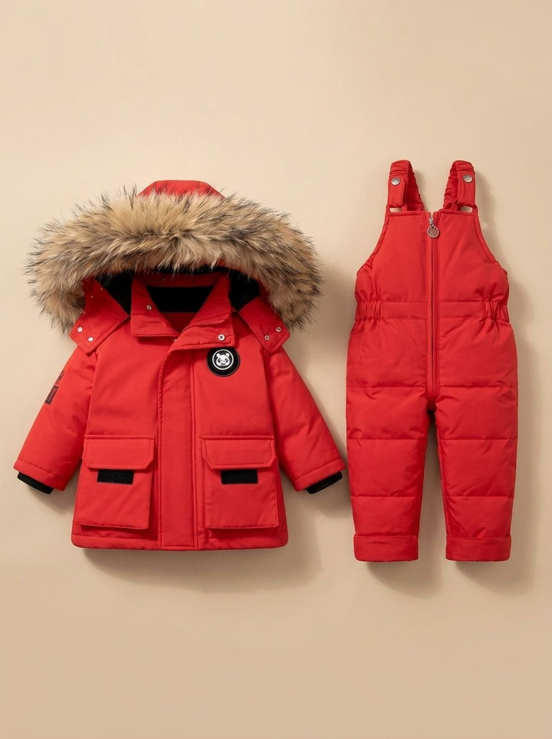 Kids Winter Padded Snowsuit with Faux-Fur Hood in Red