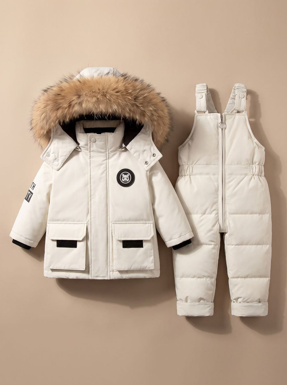 Kids Winter Padded Snowsuit with Faux-Fur Hood in White