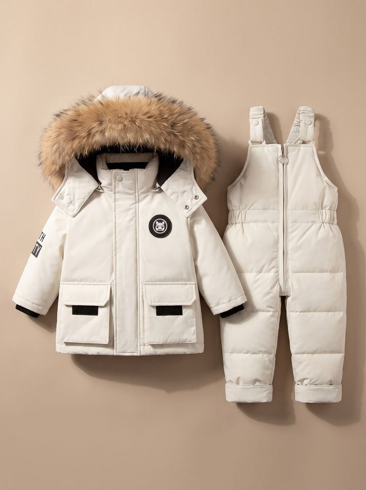 Kids Winter Padded Snowsuit with Faux-Fur Hood in White