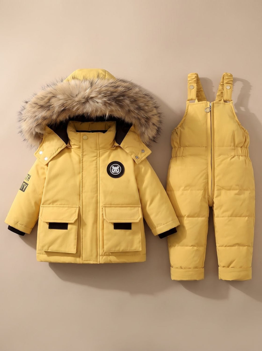 Kids Winter Padded Snowsuit with Faux-Fur Hood in Yellow