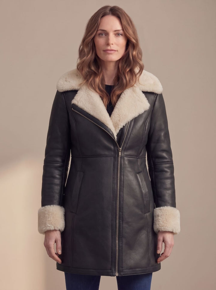 Shearling Leather Winter Trench Coat for Women in Black