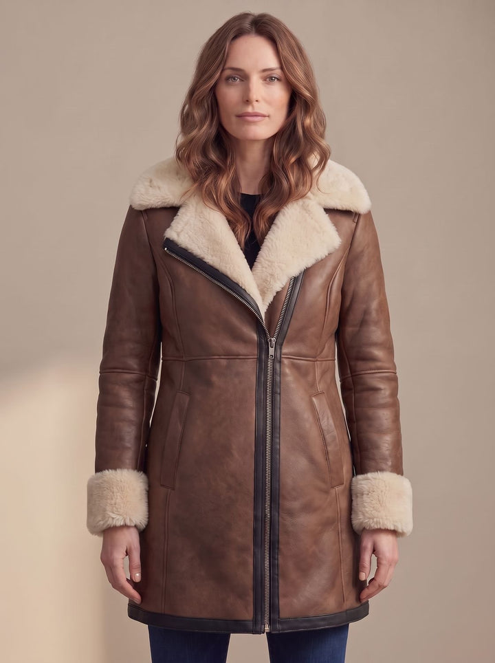 Shearling Leather Winter Trench Coat for Women in Brown 1