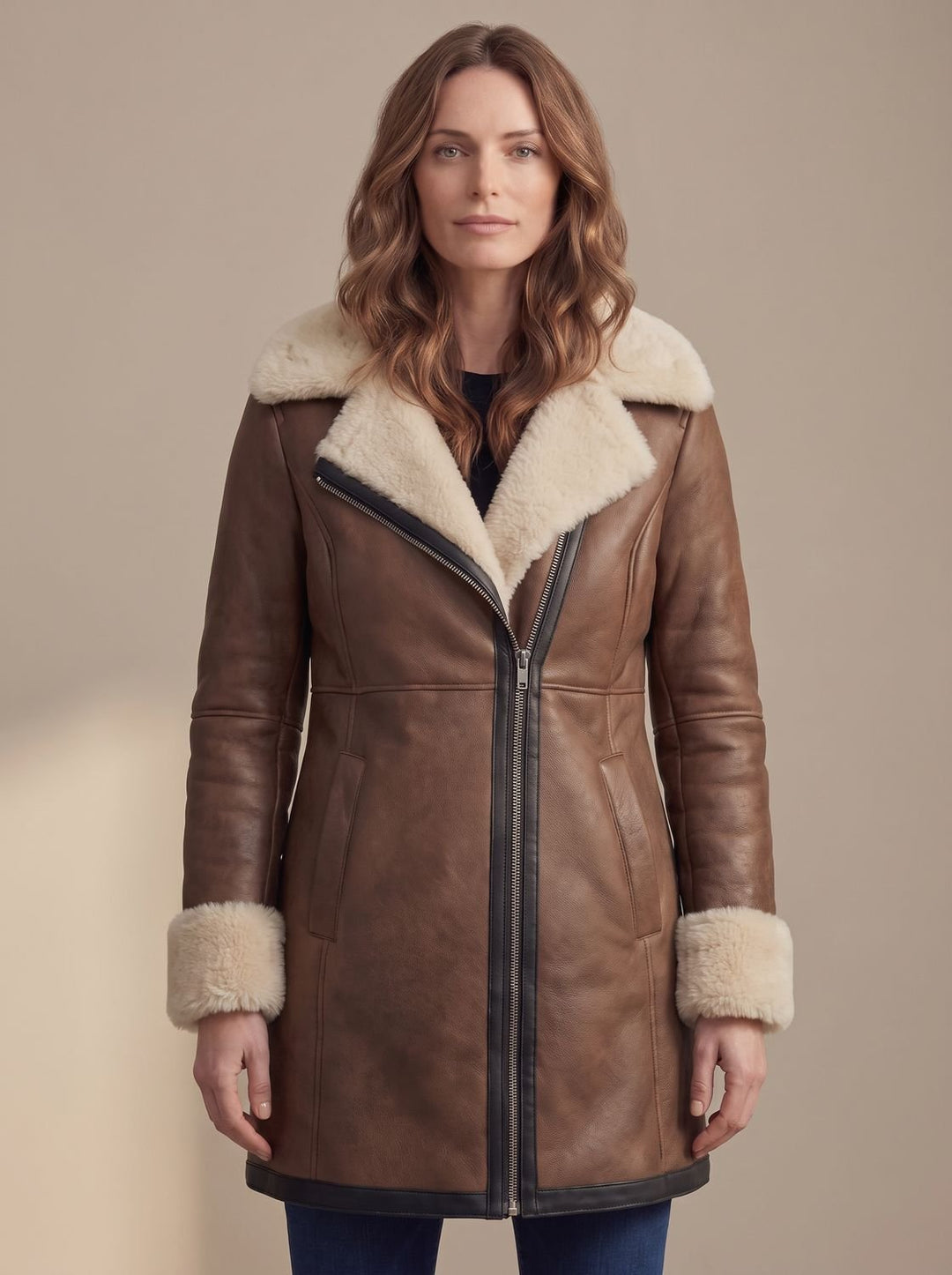 Shearling Leather Winter Trench Coat for Women in Brown 2
