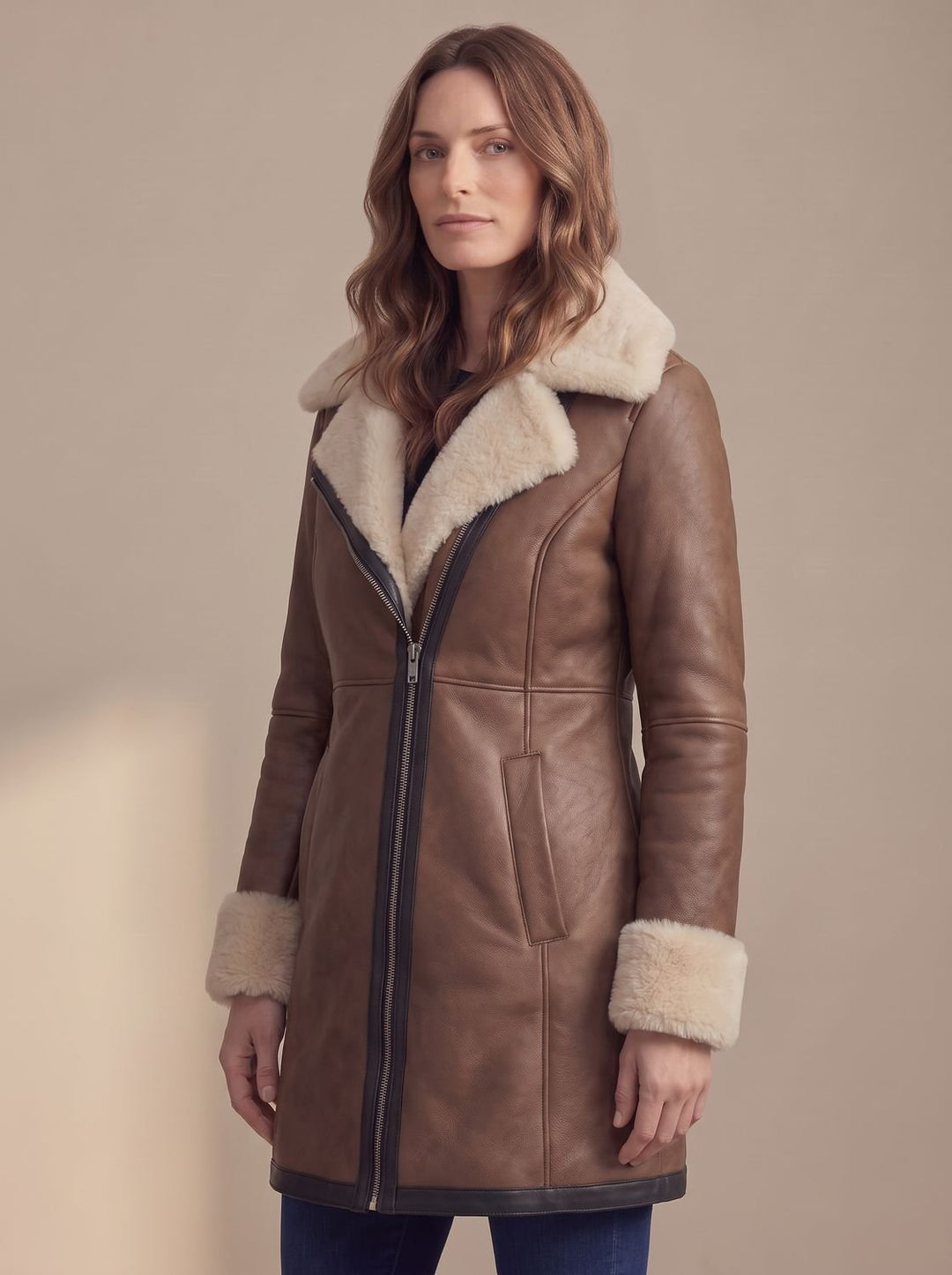 Shearling Leather Winter Trench Coat for Women in Brown 3