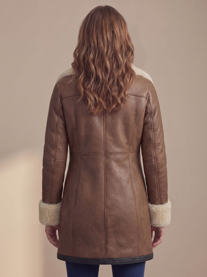 Shearling Leather Winter Trench Coat for Women in Brown 4