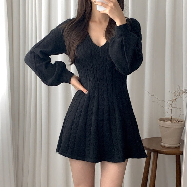 Women's A-Line Knitted Jumper Dress for Winter in Black