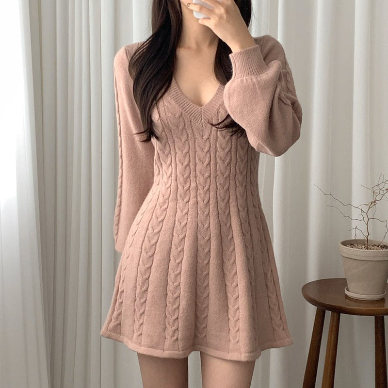 Women's A-Line Knitted Jumper Dress for Winter in Pink
