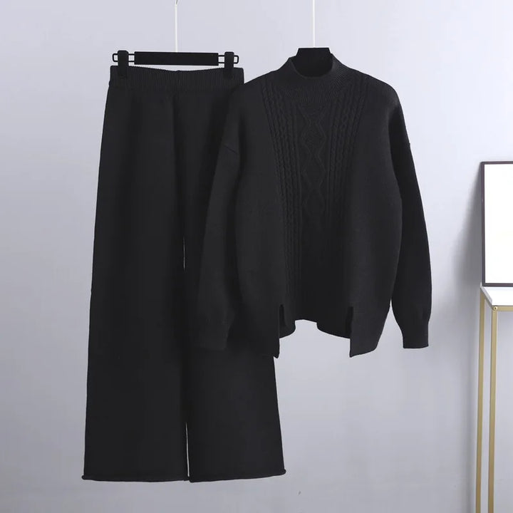 Women's Autumn Cable Knit Jumper Dress Set in Black