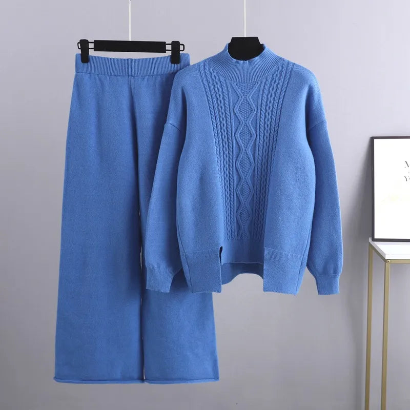 Women's Autumn Cable Knit Jumper Dress Set in Blue