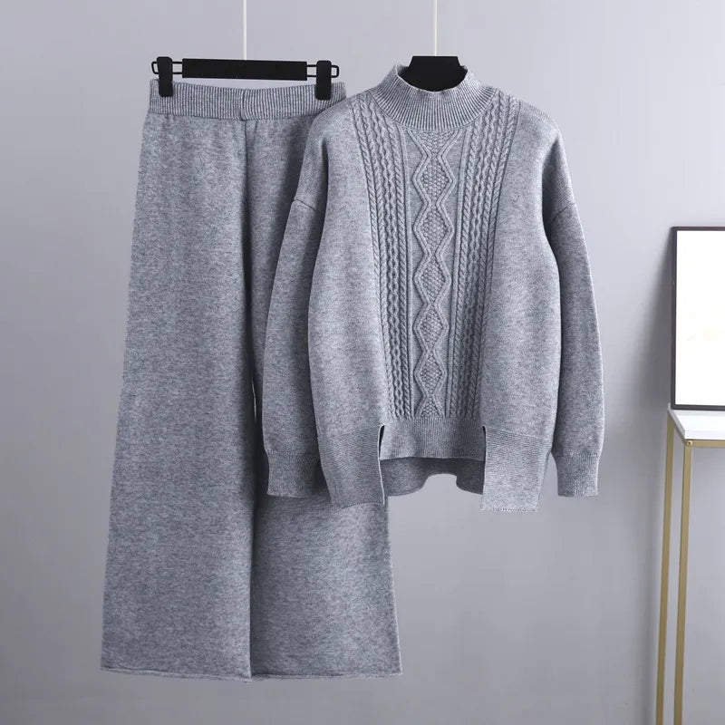 Women's Autumn Cable Knit Jumper Dress Set in Grey