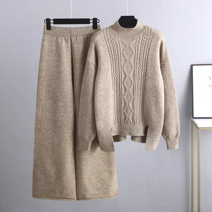 Women's Autumn Cable Knit Jumper Dress Set in Khaki