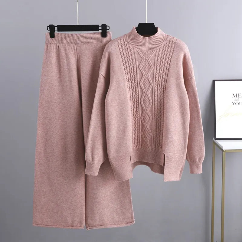 Women's Autumn Cable Knit Jumper Dress Set in Pink