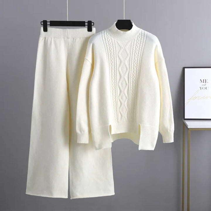 Women's Autumn Cable Knit Jumper Dress Set in White