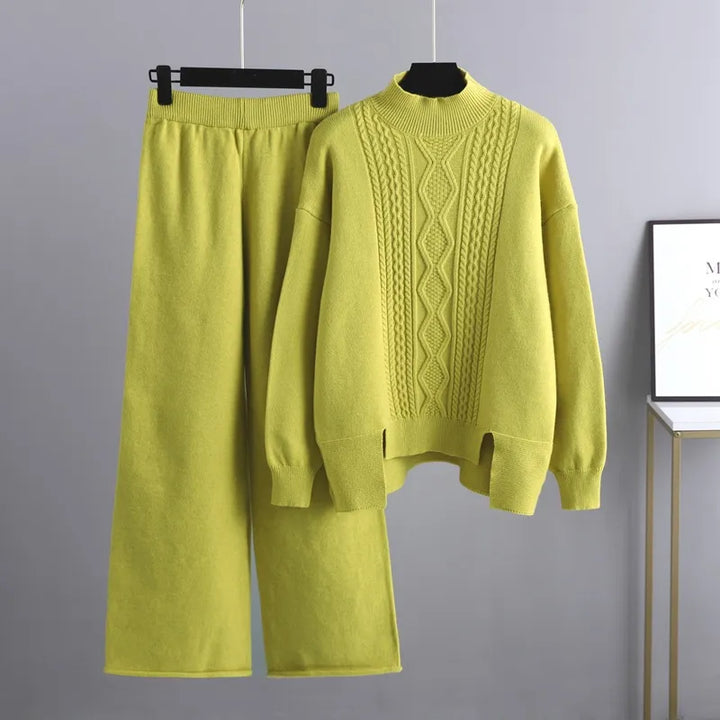 Women's Autumn Cable Knit Jumper Dress Set in Yellow