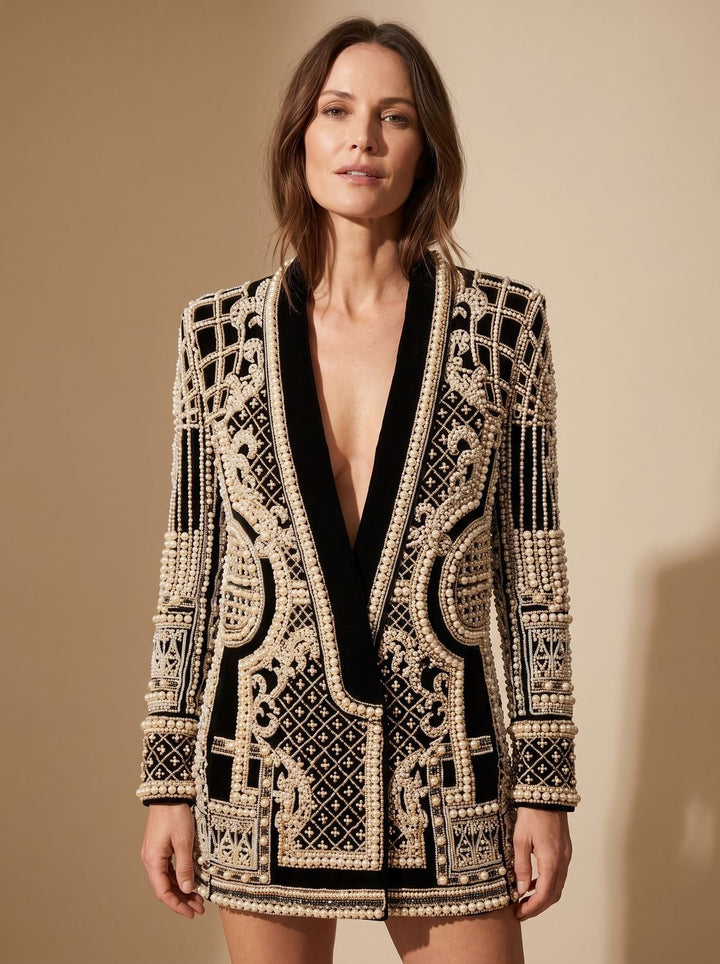 Women's Beaded Formal Evening Blazer Jacket in Gold-coloured