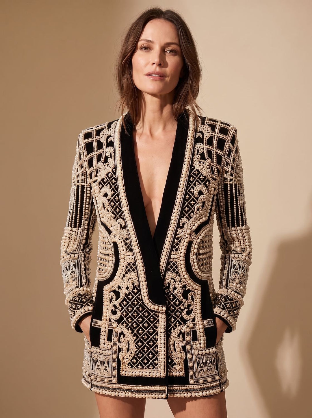 Women's Beaded Formal Evening Blazer Jacket in Silver-coloured