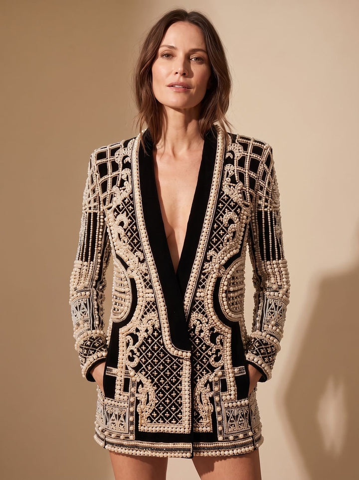 Women's Beaded Formal Evening Blazer Jacket in Silver-coloured