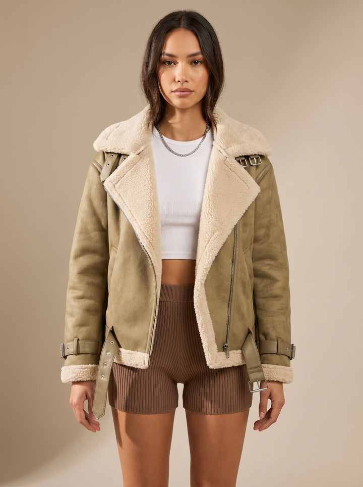 Women's Belted Faux Shearling Trench Coat (5)
