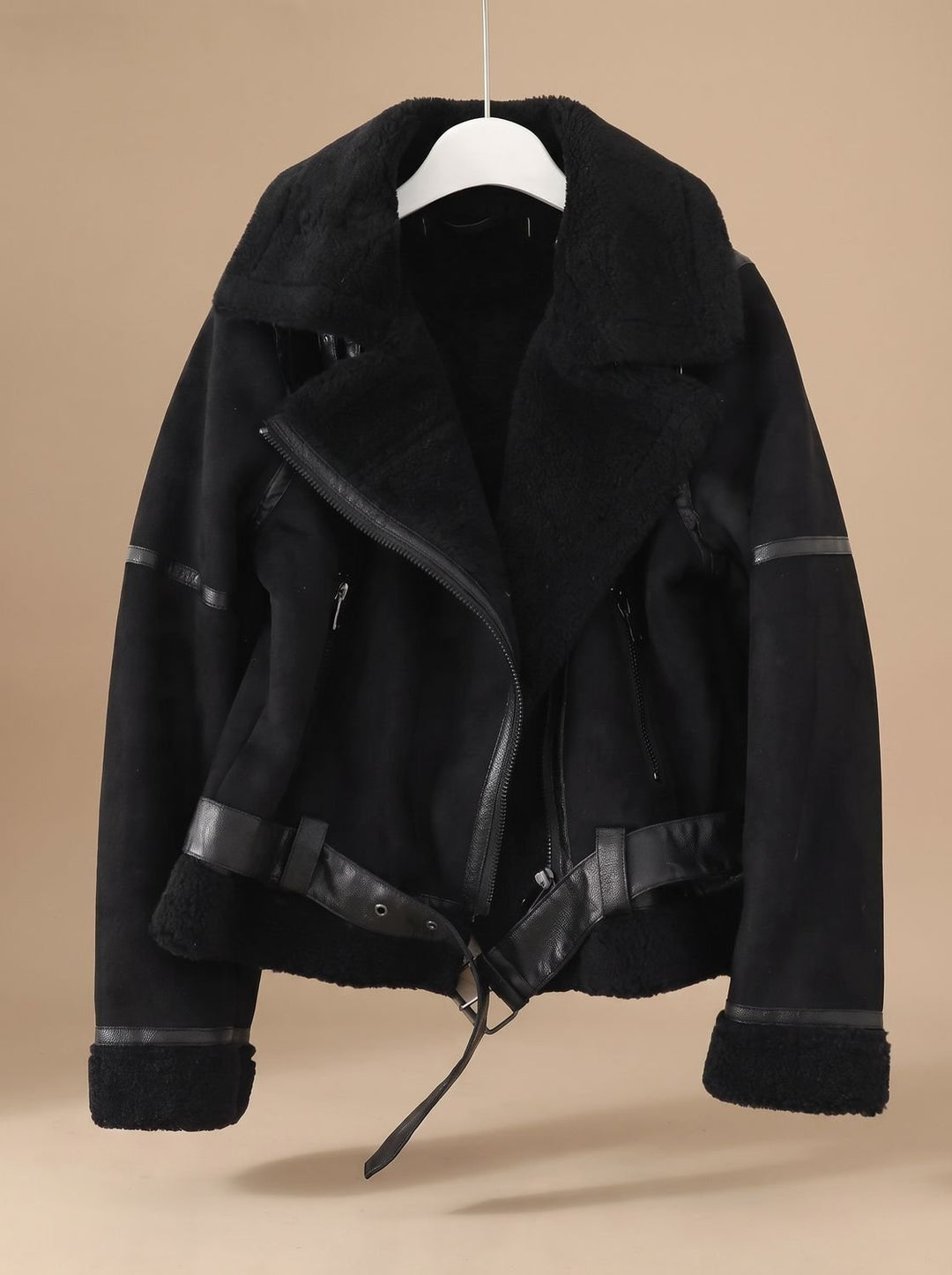 Women's Belted Faux Shearling Trench Coat in Black