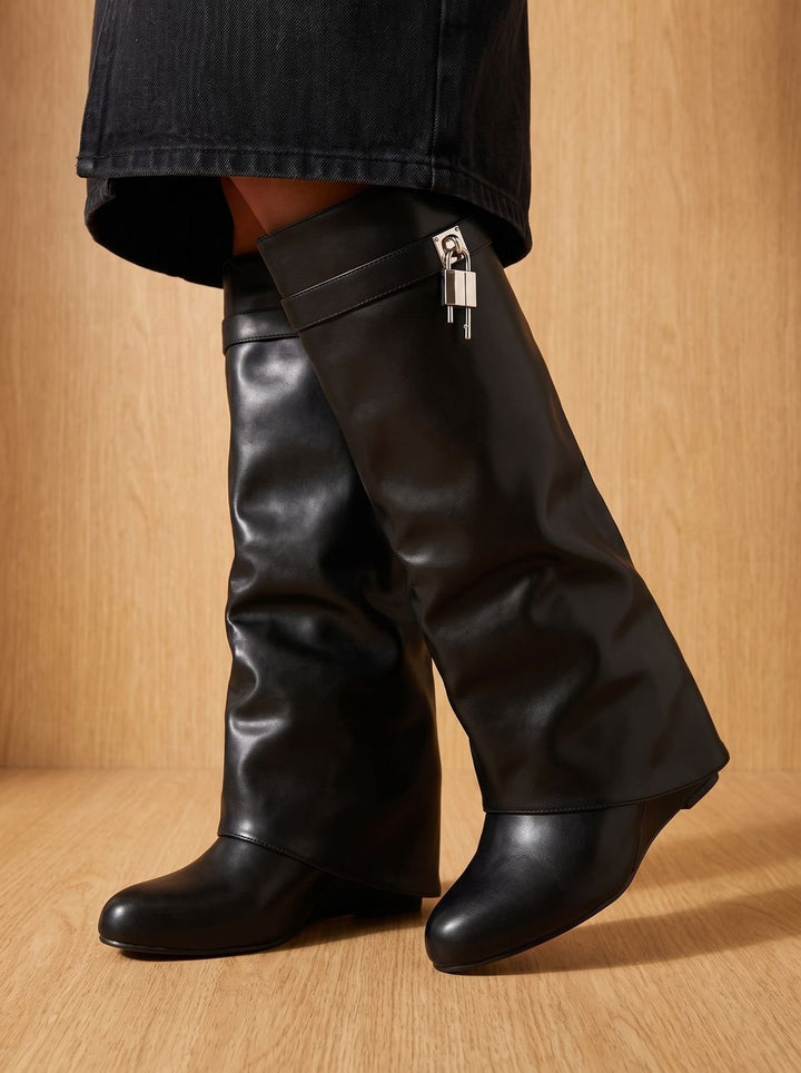 Women's Black Knee High Boots in Faux Leather