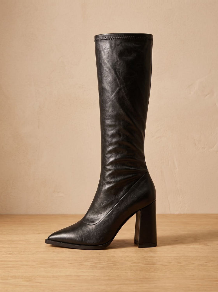 Women's Black Pointed-Toe Knee High Boots in Black 1