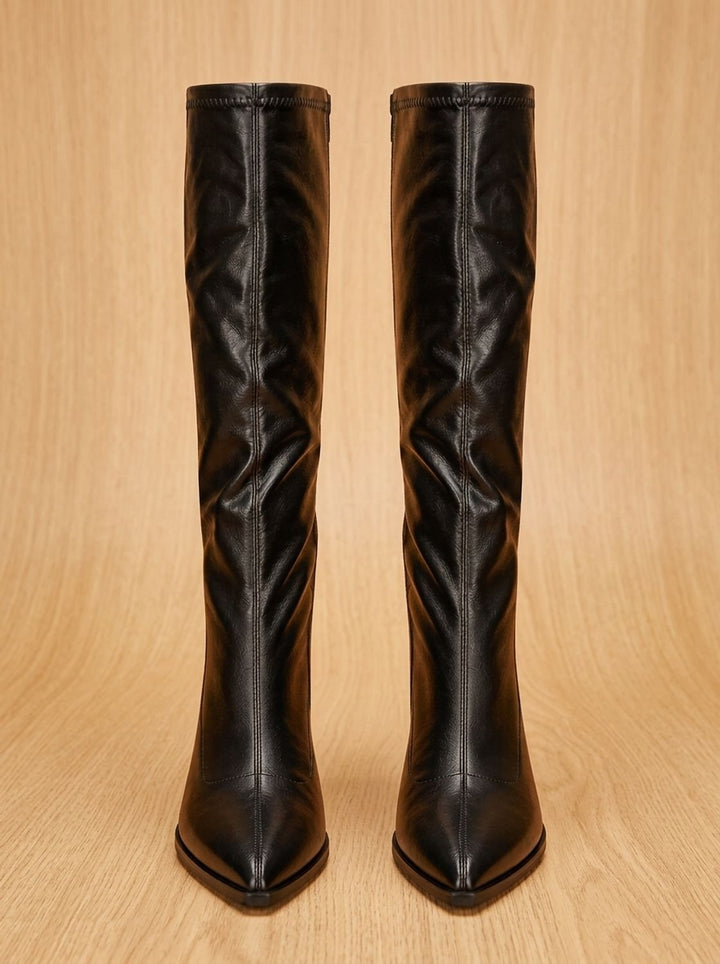 Women's Black Pointed-Toe Knee High Boots in Black 3