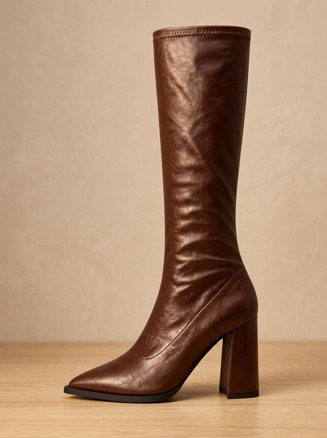 Women's Black Pointed-Toe Knee High Boots in Brown