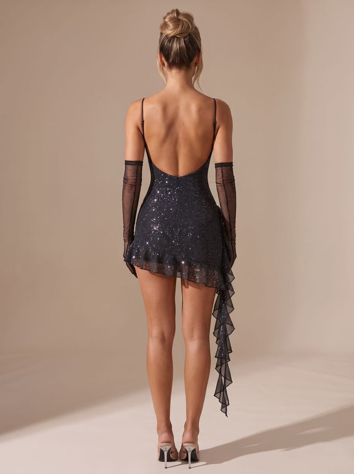 Women's Black Sequin Mini Christmas Party Dress in Black 3