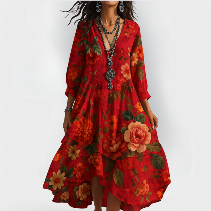 Women's Boho Floral Wedding Guest Dress in Red