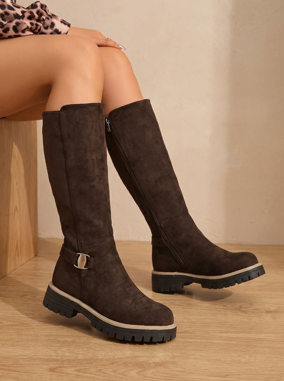 Women's Buckled Knee High Boots for Winter in Brown