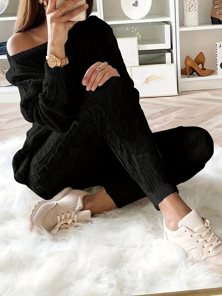 Women's Cable Knit Jumper Dress and Joggers in Black