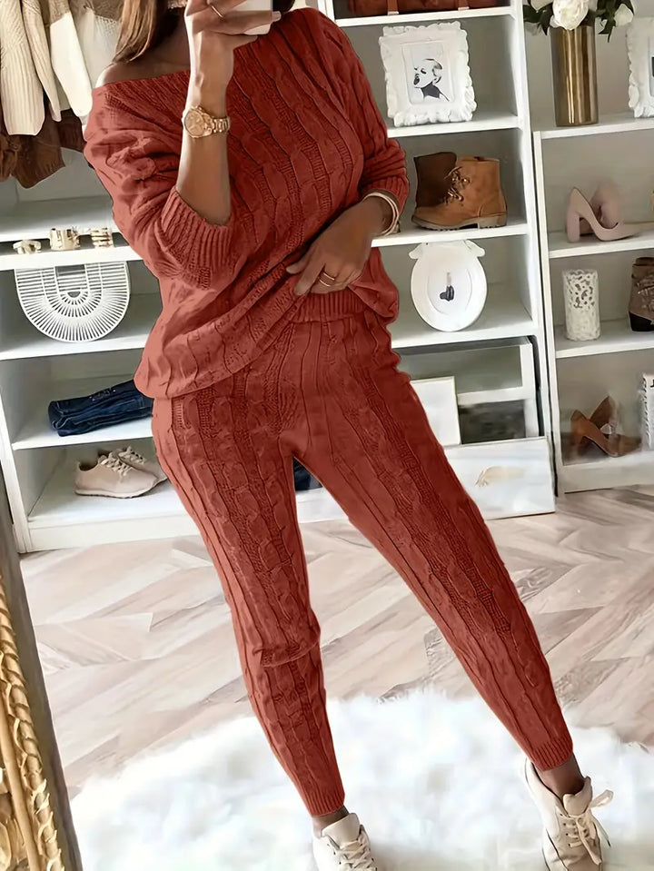 Women's Cable Knit Jumper Dress and Joggers in Dark Red