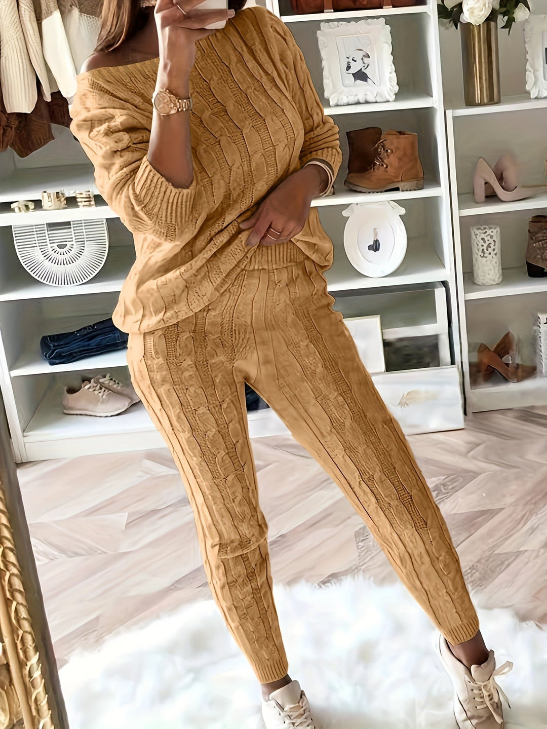 Women's Cable Knit Jumper Dress and Joggers in Yellow