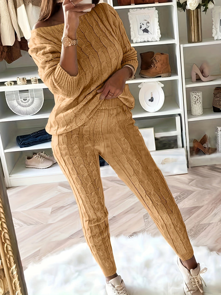 Women's Cable Knit Jumper Dress and Joggers in Yellow
