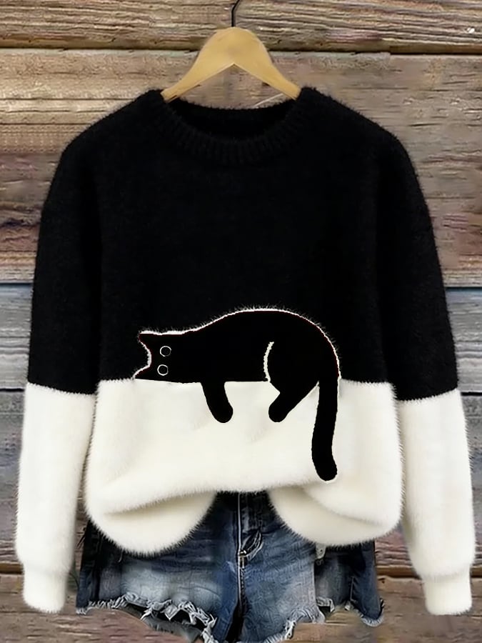Women's Casual Cat Print Jumper Dress Pullover in Black
