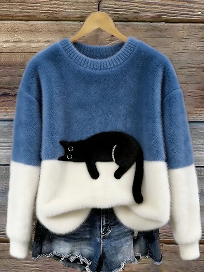Women's Casual Cat Print Jumper Dress Pullover in Blue