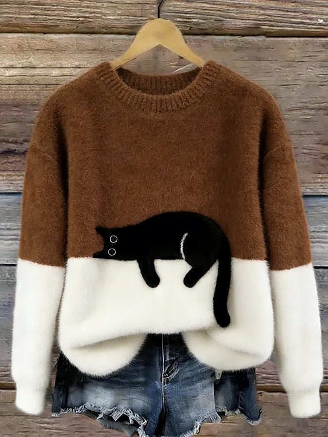 Women's Casual Cat Print Jumper Dress Pullover in Brown