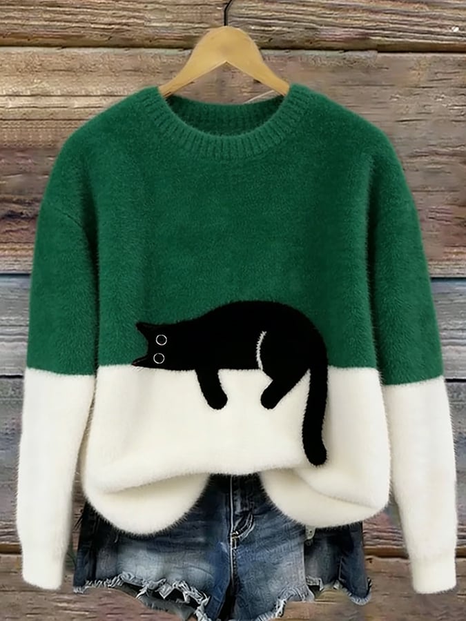 Women's Casual Cat Print Jumper Dress Pullover in Green