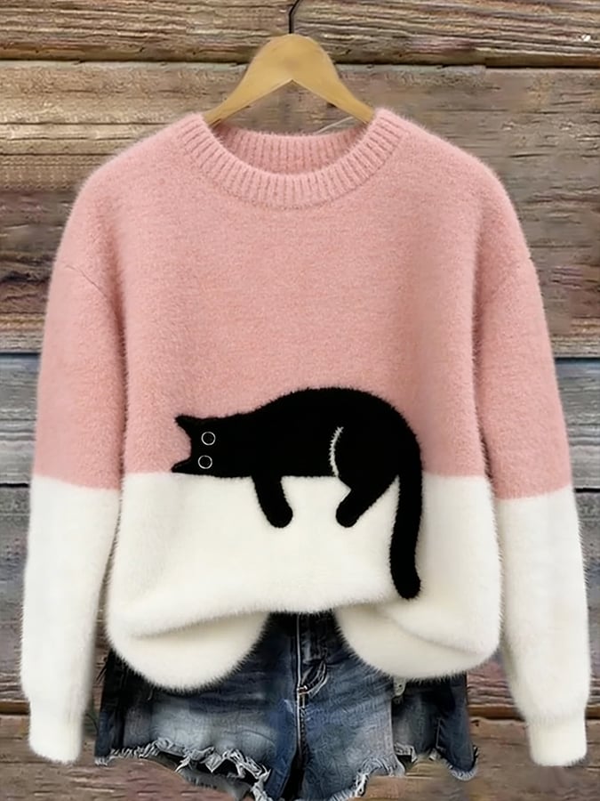 Women's Casual Cat Print Jumper Dress Pullover in Pink